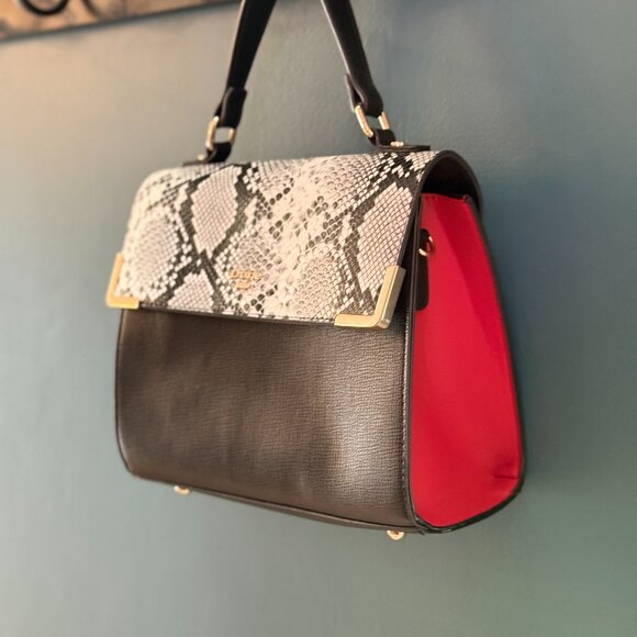 Dune London Handbags - DUNE LONDON Snake Print Flap Bag | Black | Gold V-Clasp